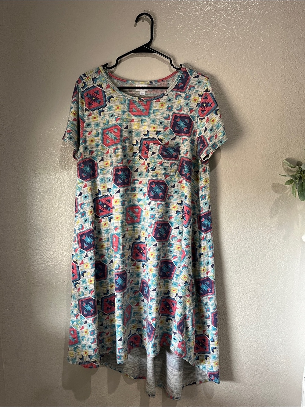 LuLaRoe High-Low Swing Dress Teal, Pink, Navy  Yellow Geometric Print Sz L